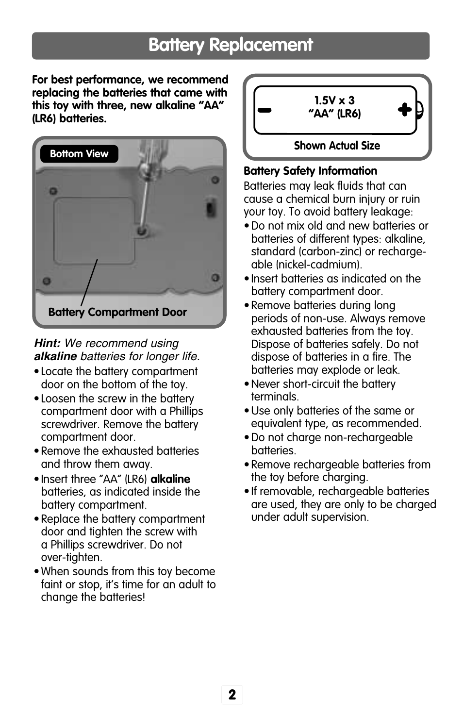 Battery replacement | Fisher-Price B9760 User Manual | Page 2 / 4