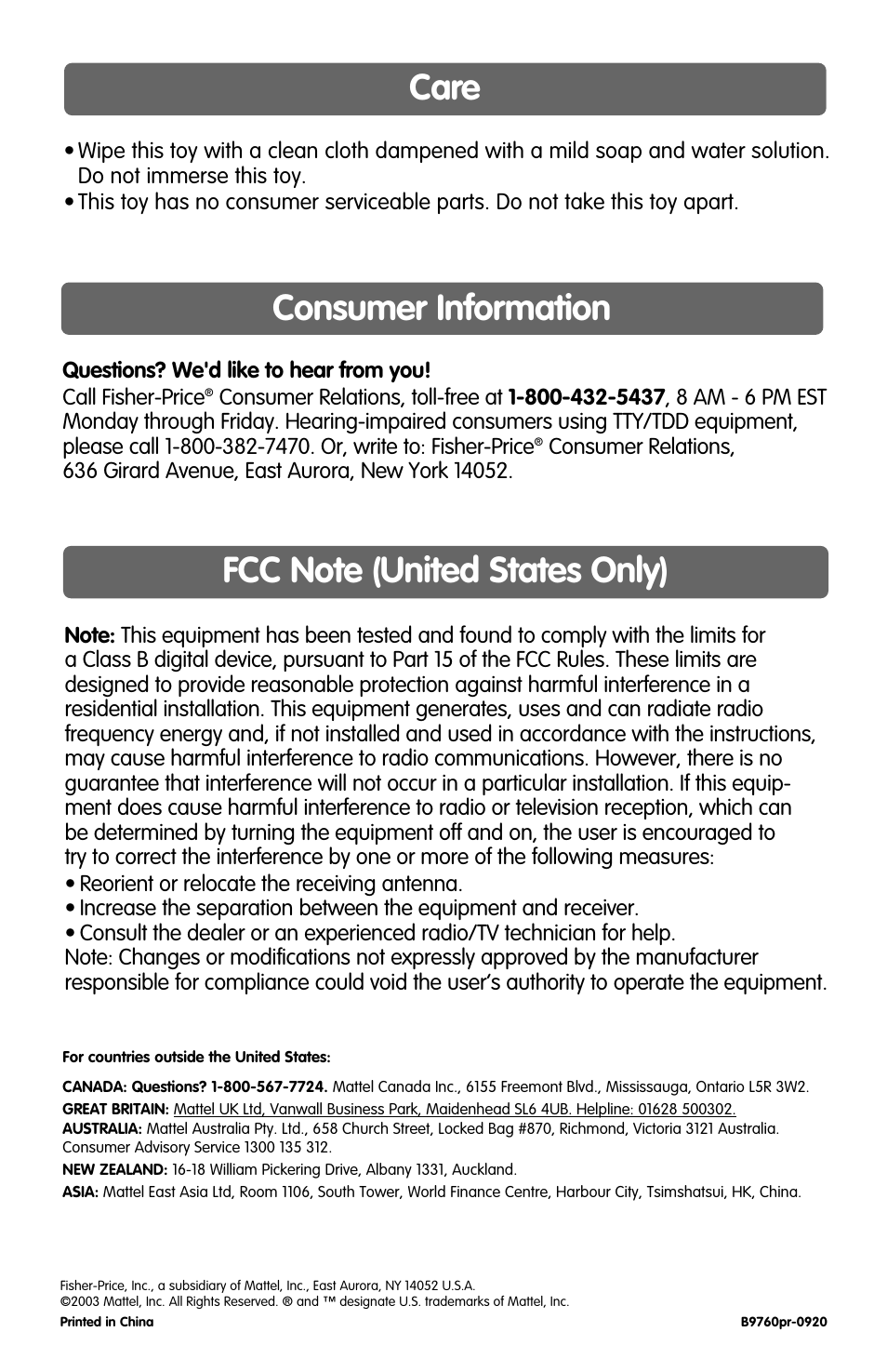 Consumer information | Fisher-Price B9760 User Manual | Page 4 / 4