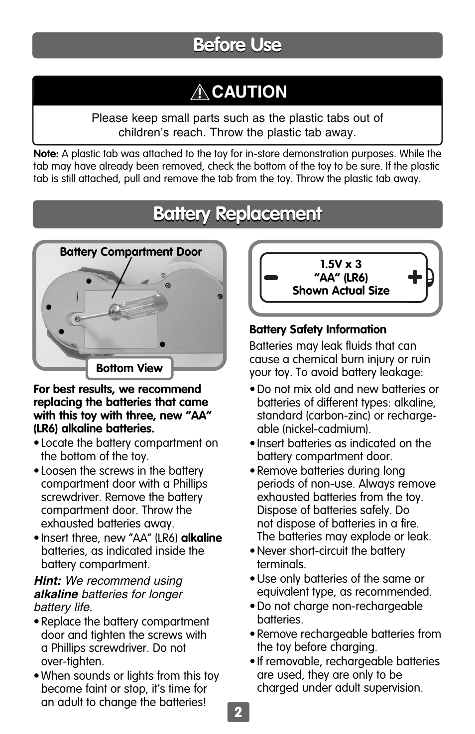 Battery replacement, Before use, Caution | Fisher-Price C7324 User Manual | Page 2 / 4