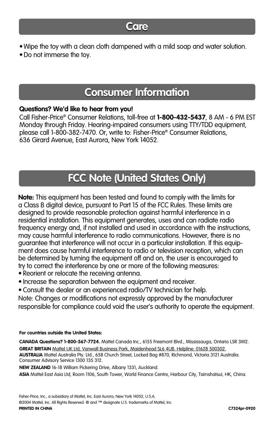 Consumer information | Fisher-Price C7324 User Manual | Page 4 / 4