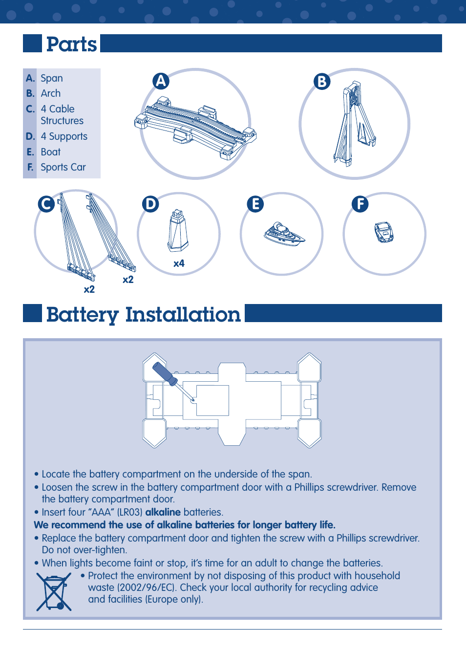 Parts, Battery installation, De c f a | Fisher-Price GEO TRAX J9520 User Manual | Page 2 / 6