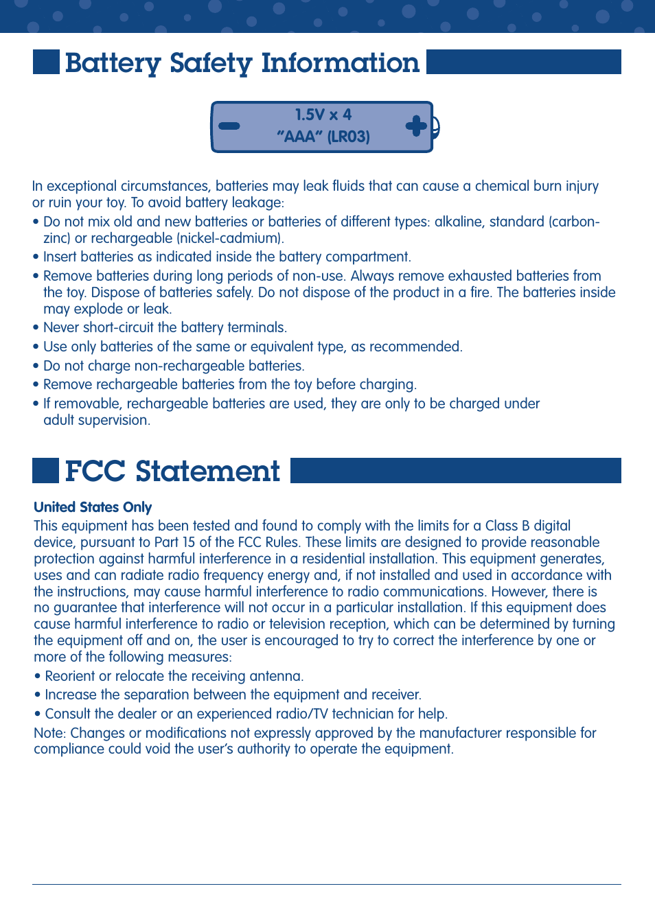 Fcc statement, Battery safety information | Fisher-Price GEO TRAX J9520 User Manual | Page 3 / 6