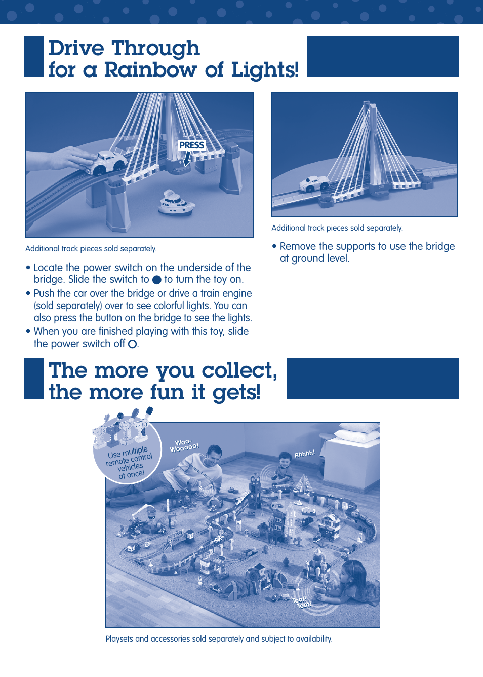 Drive through for a rainbow of lights, The more you collect, the more fun it gets | Fisher-Price GEO TRAX J9520 User Manual | Page 5 / 6