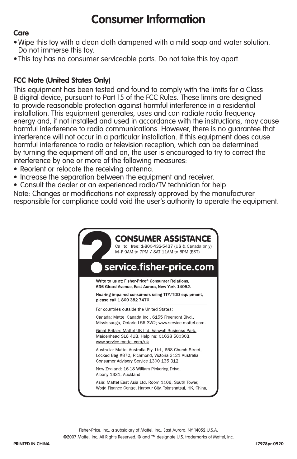 Consumer information | Fisher-Price L7978 User Manual | Page 4 / 4