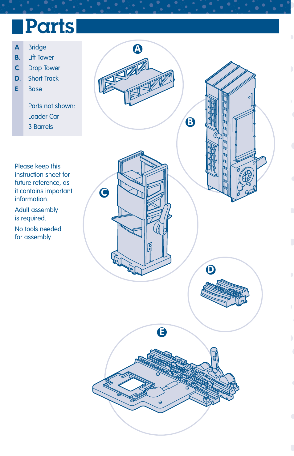 Parts, Dc e b a | Fisher-Price LIFTIN' ROLL BARREL LOADER H4833 User Manual | Page 2 / 5