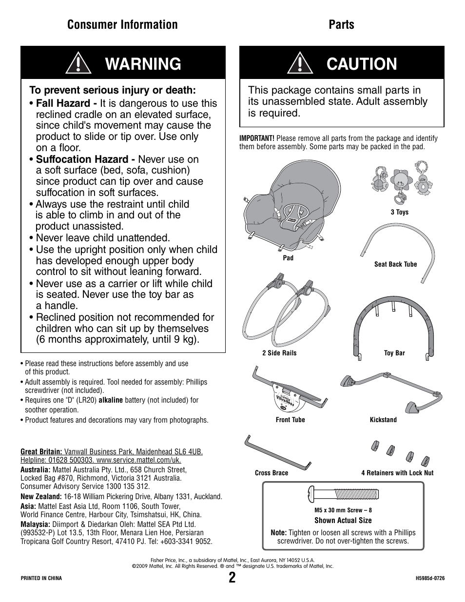 Warning, Caution, Consumer information | Parts | Fisher-Price H5985 User Manual | Page 2 / 8