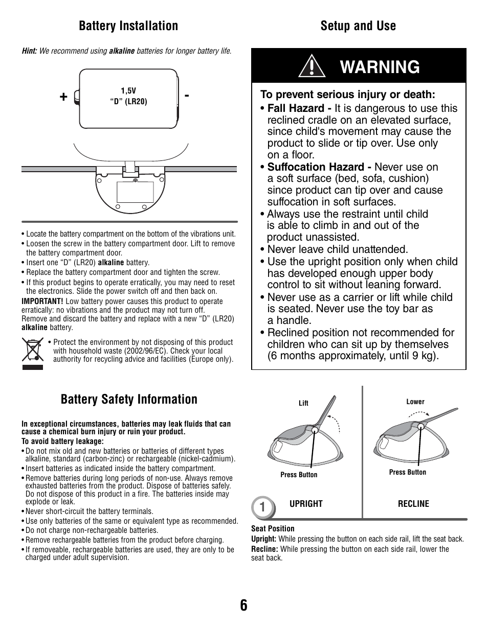 Warning, Battery installation, Battery safety information setup and use | Fisher-Price H5985 User Manual | Page 6 / 8