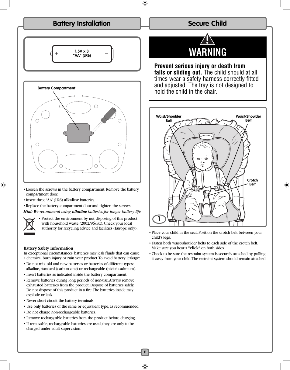 Warning, Battery installation, Secure child | Fisher-Price H7182 User Manual | Page 11 / 16