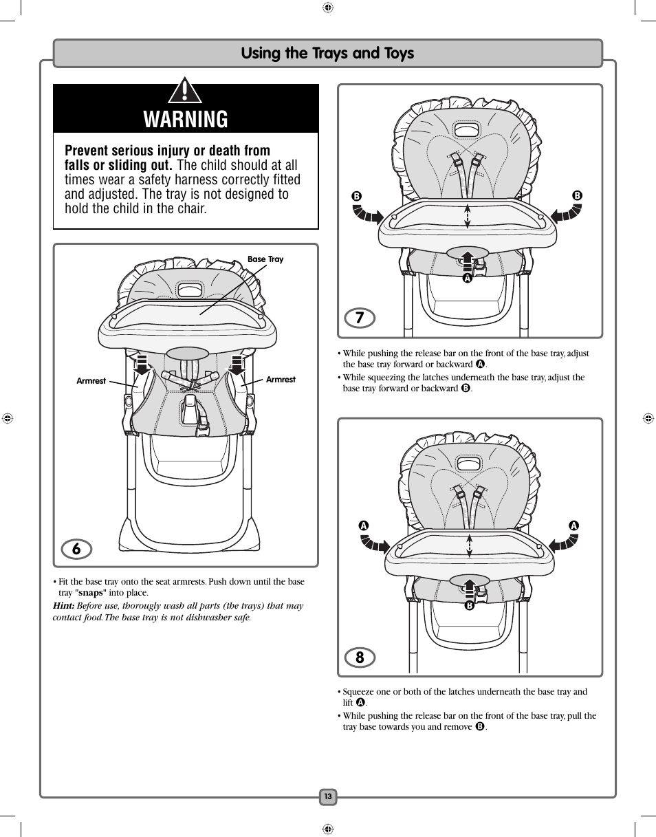 Warning, Using the trays and toys 6 | Fisher-Price H7182 User Manual | Page 13 / 16