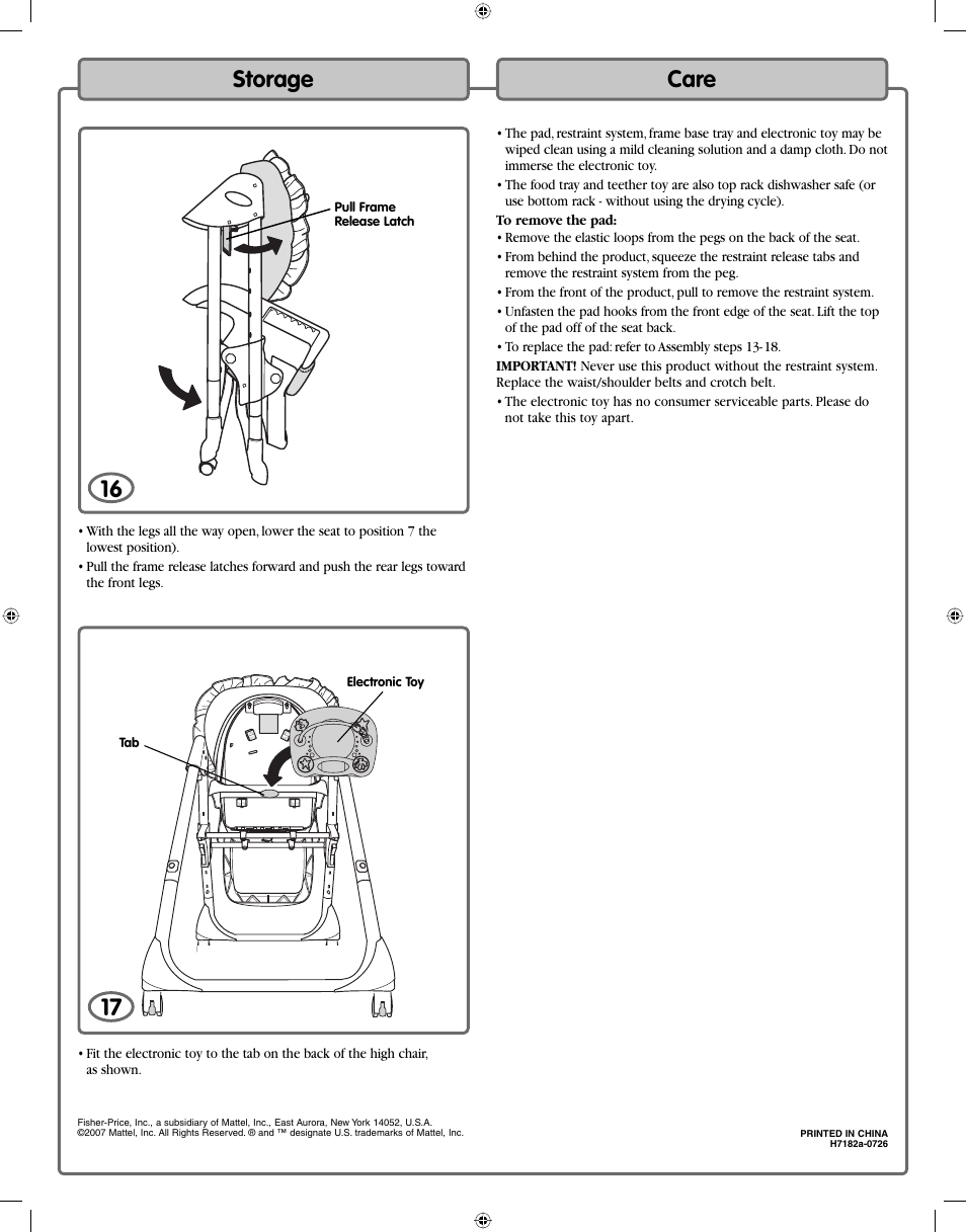 Storage 16, Care | Fisher-Price H7182 User Manual | Page 16 / 16