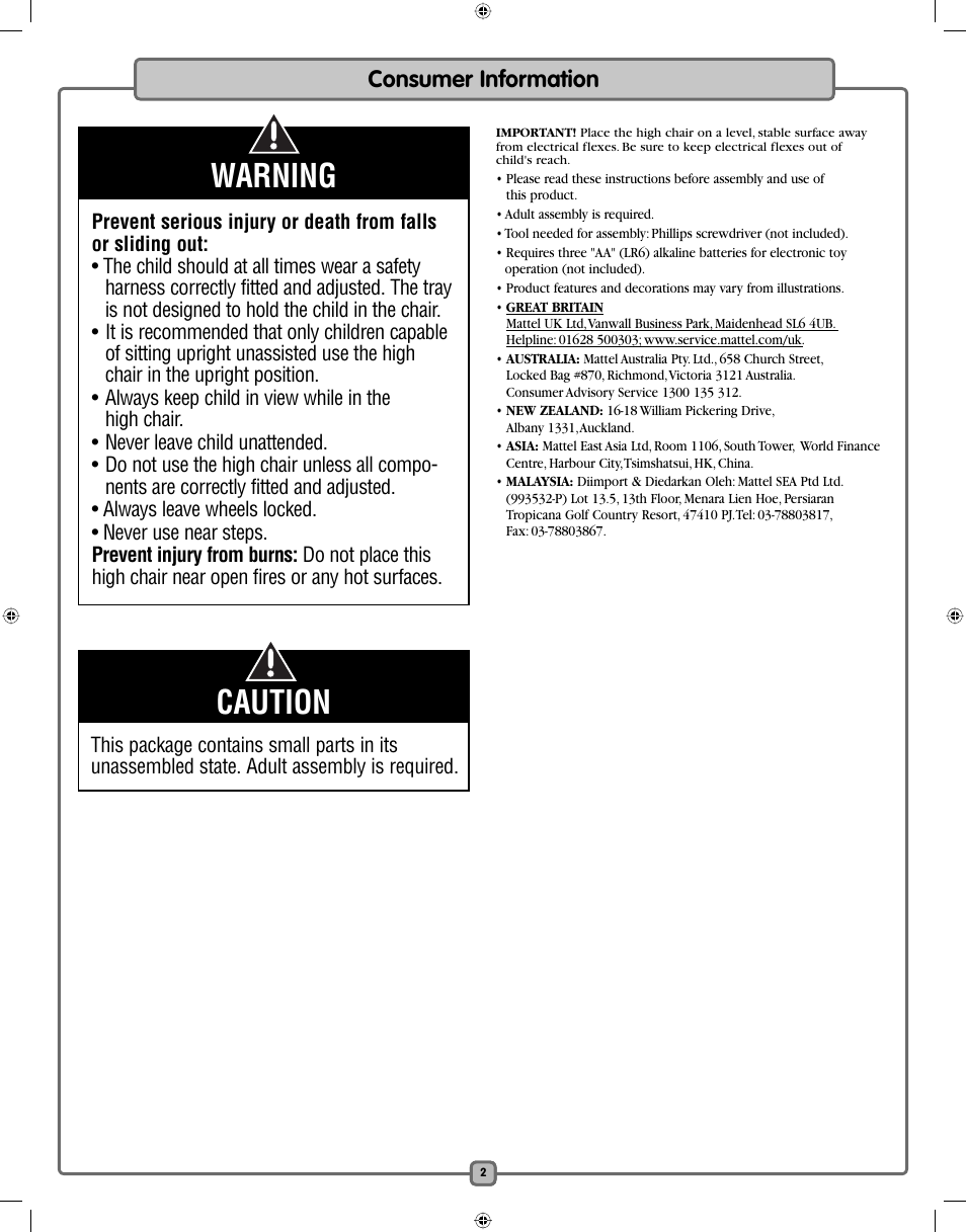 Warning caution, Consumer information | Fisher-Price H7182 User Manual | Page 2 / 16