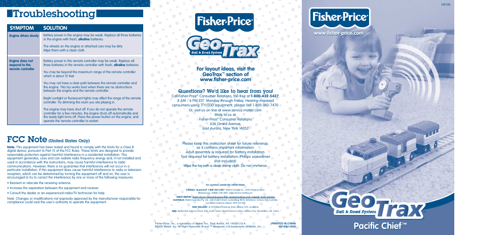 Fisher-Price GEO TRAX H8100 User Manual | 2 pages