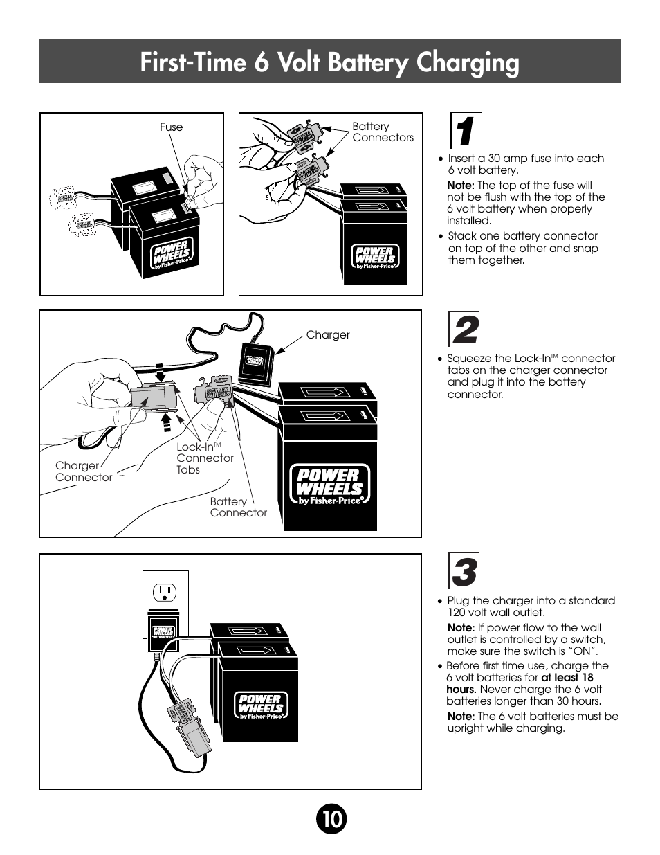 First-time 6 volt battery charging | Fisher-Price MONSTER SOUND BIGFOOT 74420 User Manual | Page 10 / 44