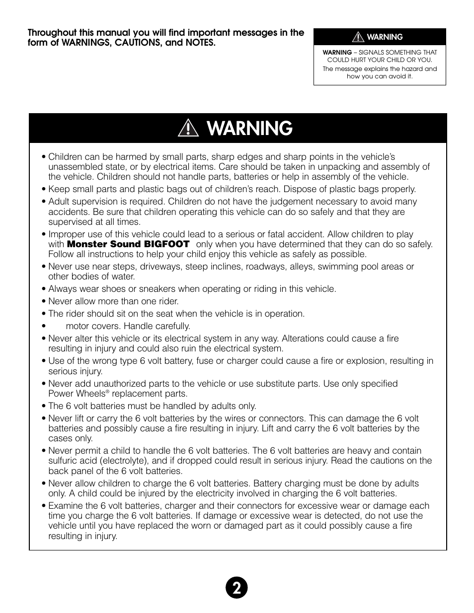 Warning | Fisher-Price MONSTER SOUND BIGFOOT 74420 User Manual | Page 2 / 44