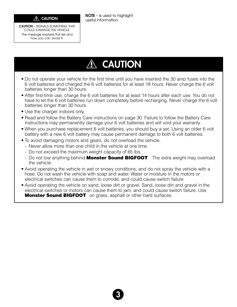 Caution | Fisher-Price MONSTER SOUND BIGFOOT 74420 User Manual | Page 3 / 44