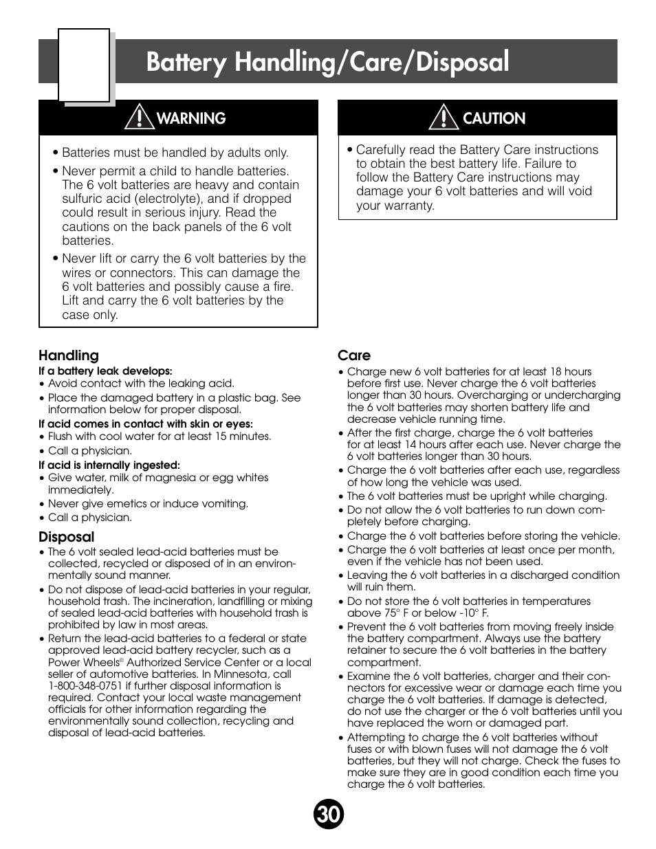 Battery handling/care/disposal | Fisher-Price MONSTER SOUND BIGFOOT 74420 User Manual | Page 30 / 44