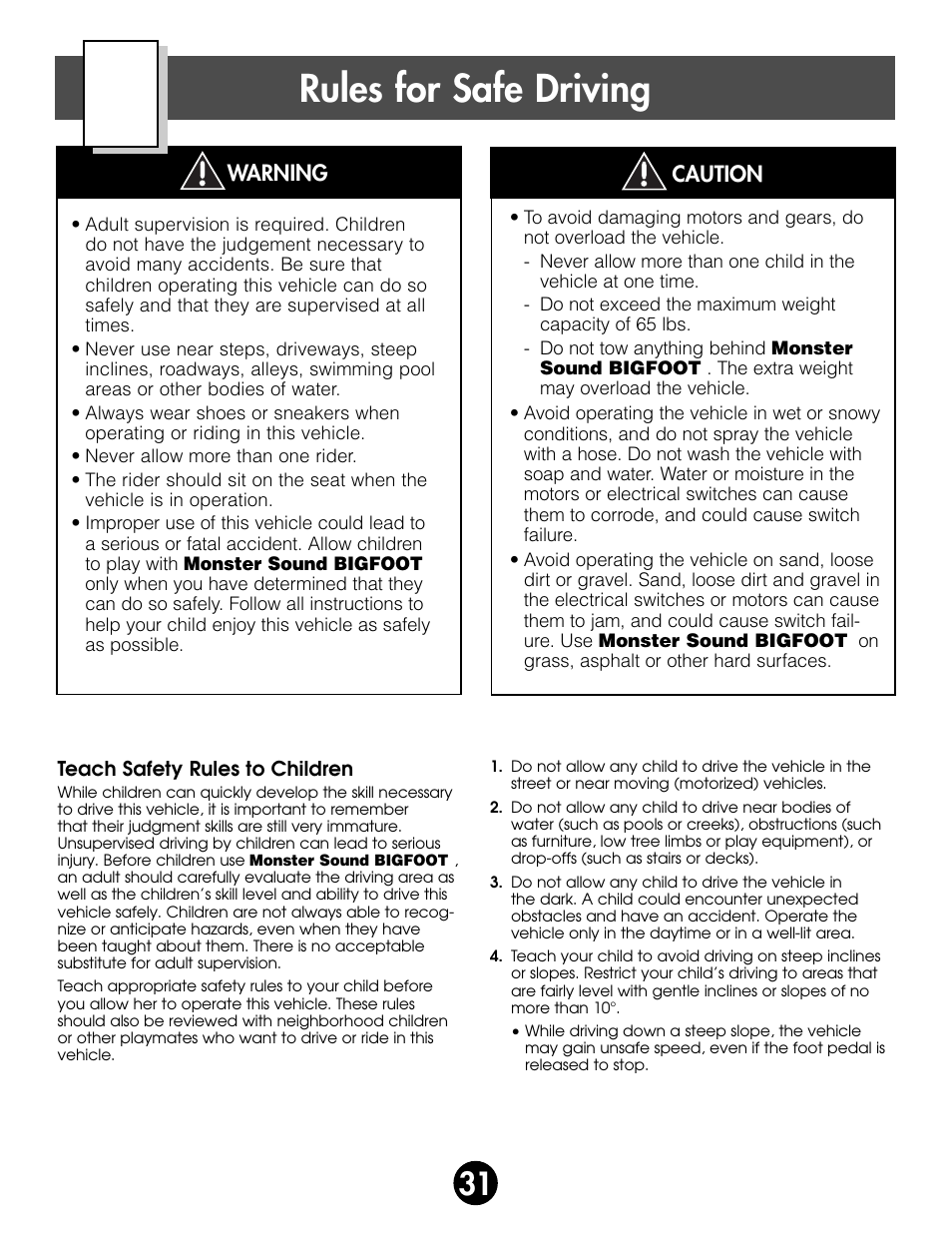 Rules for safe driving | Fisher-Price MONSTER SOUND BIGFOOT 74420 User Manual | Page 31 / 44