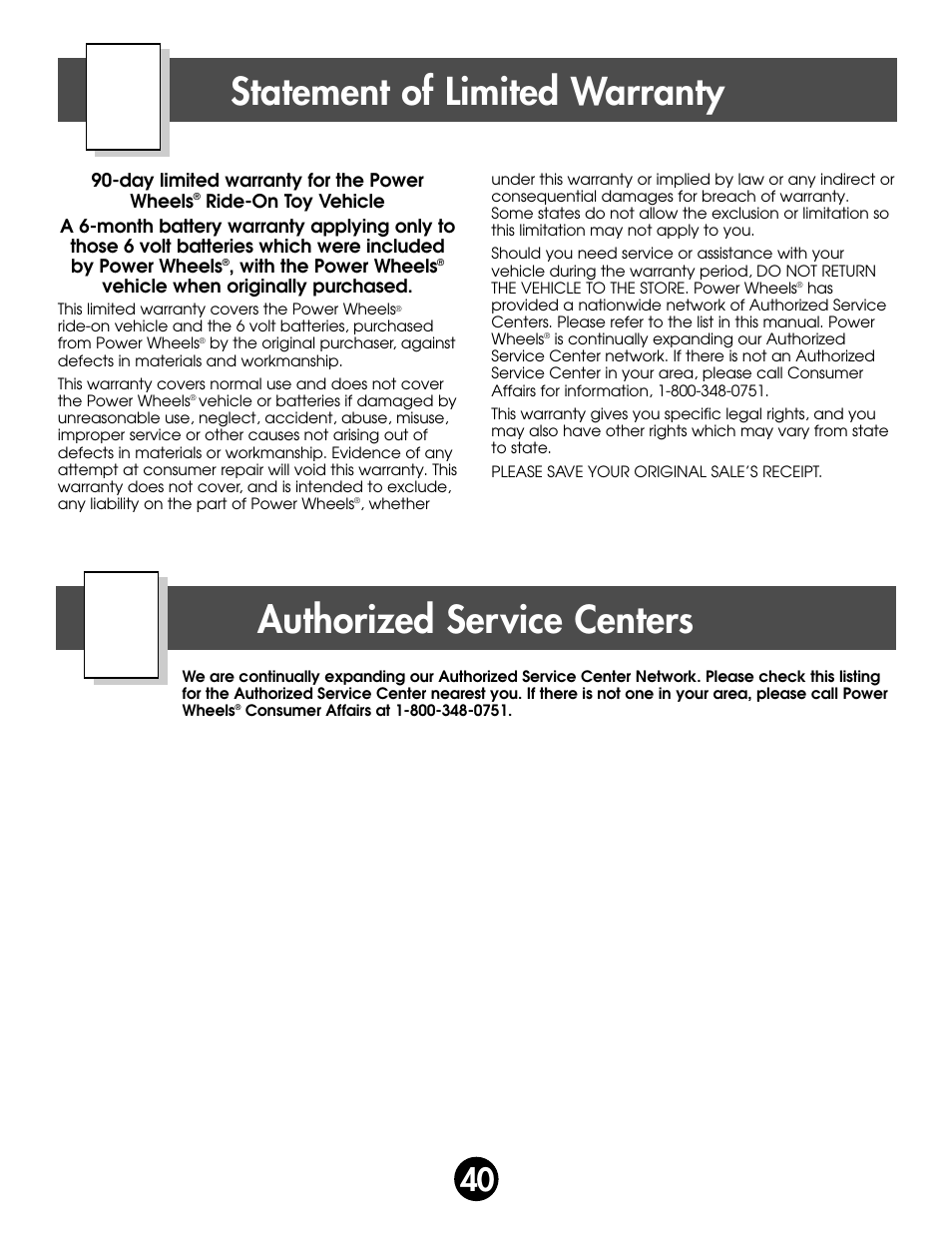 Statement of limited warranty, Authorized service centers | Fisher-Price MONSTER SOUND BIGFOOT 74420 User Manual | Page 40 / 44