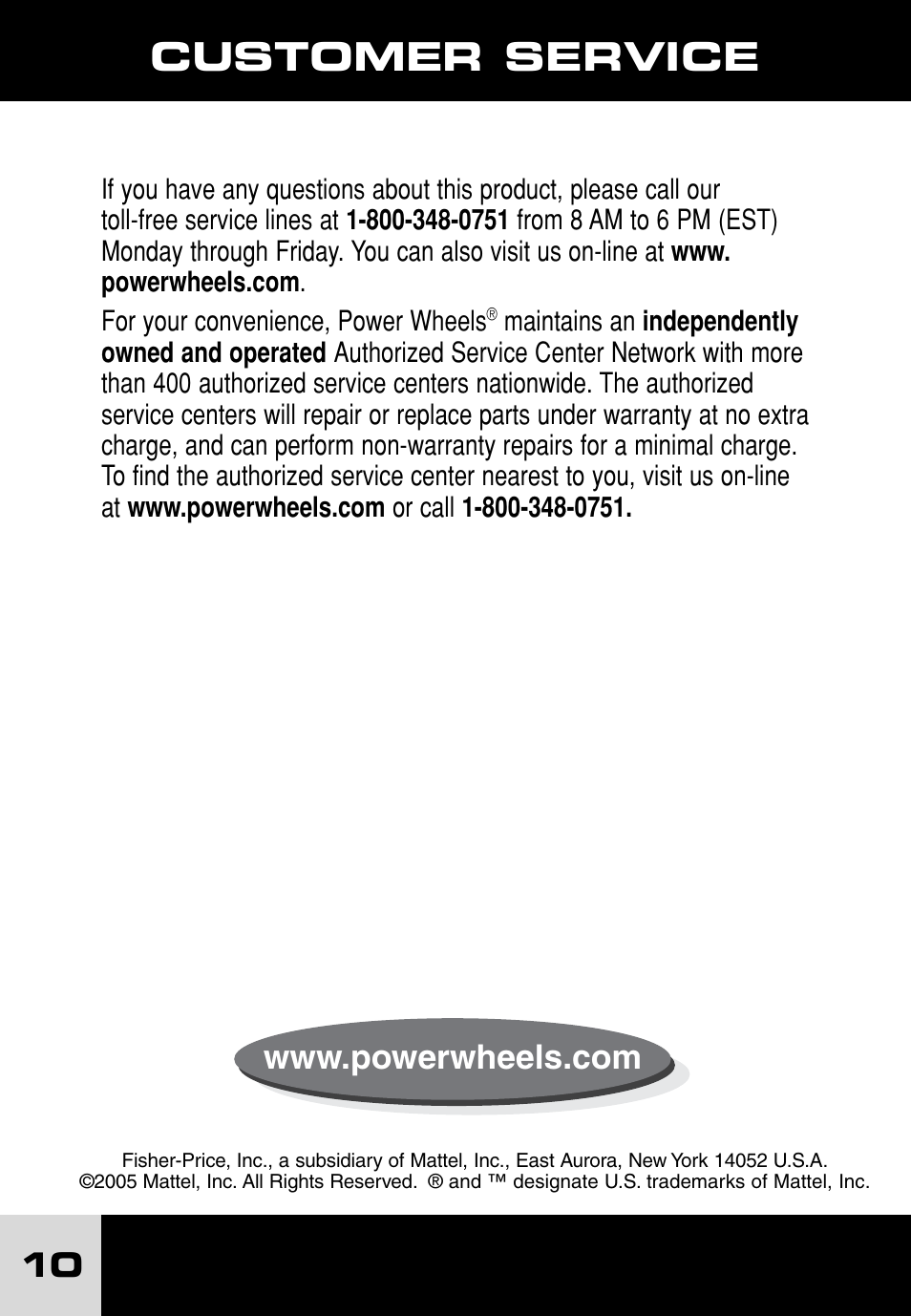Customer service | Fisher-Price POWER WHEELS H7455 User Manual | Page 10 / 10