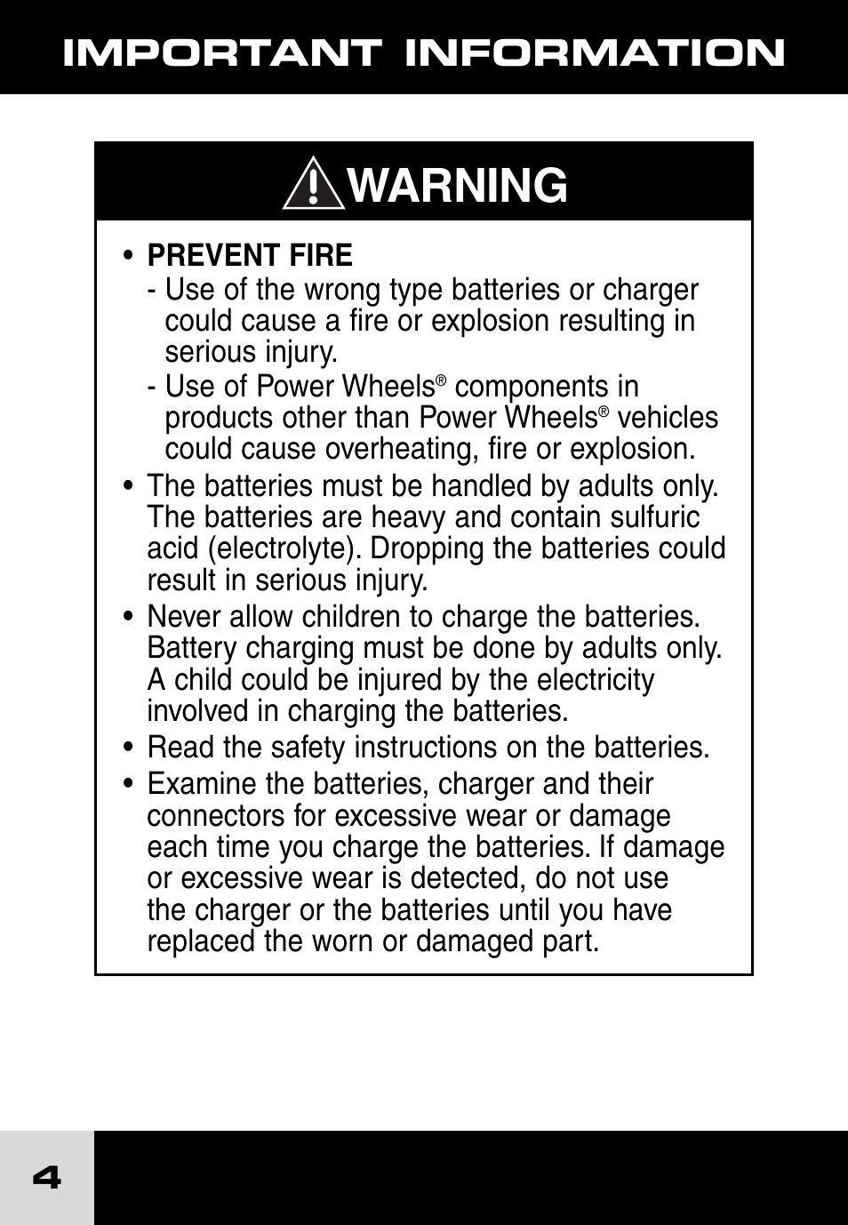 Warning, Important information | Fisher-Price POWER WHEELS H7455 User Manual | Page 4 / 10