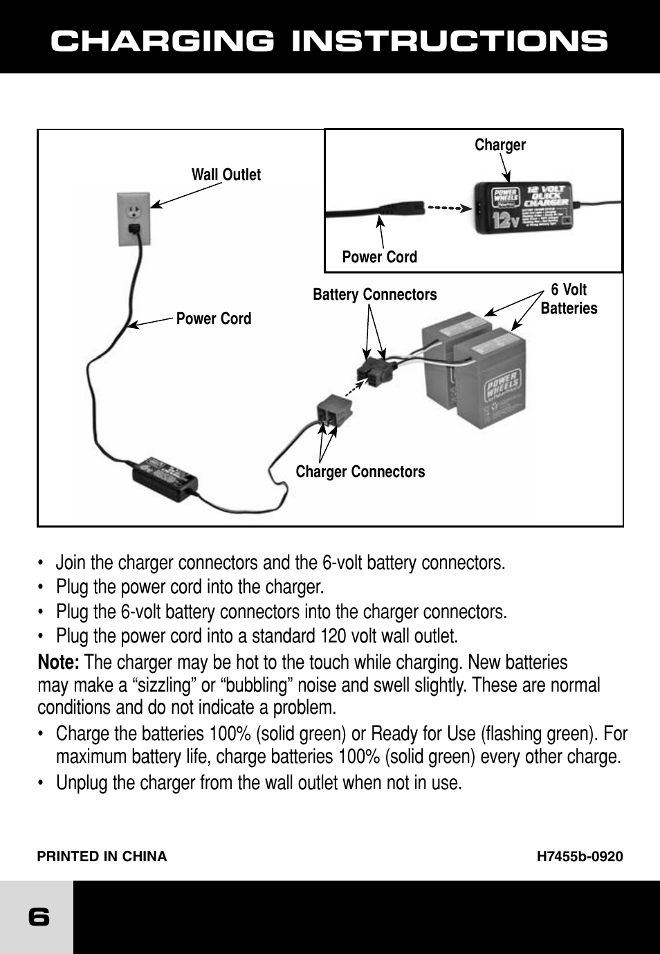 Charging instructions | Fisher-Price POWER WHEELS H7455 User Manual | Page 6 / 10