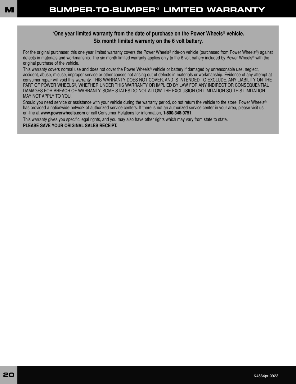 Bumper-to-bumper* limited warranty | Fisher-Price WRANGLER K4564 User Manual | Page 20 / 24