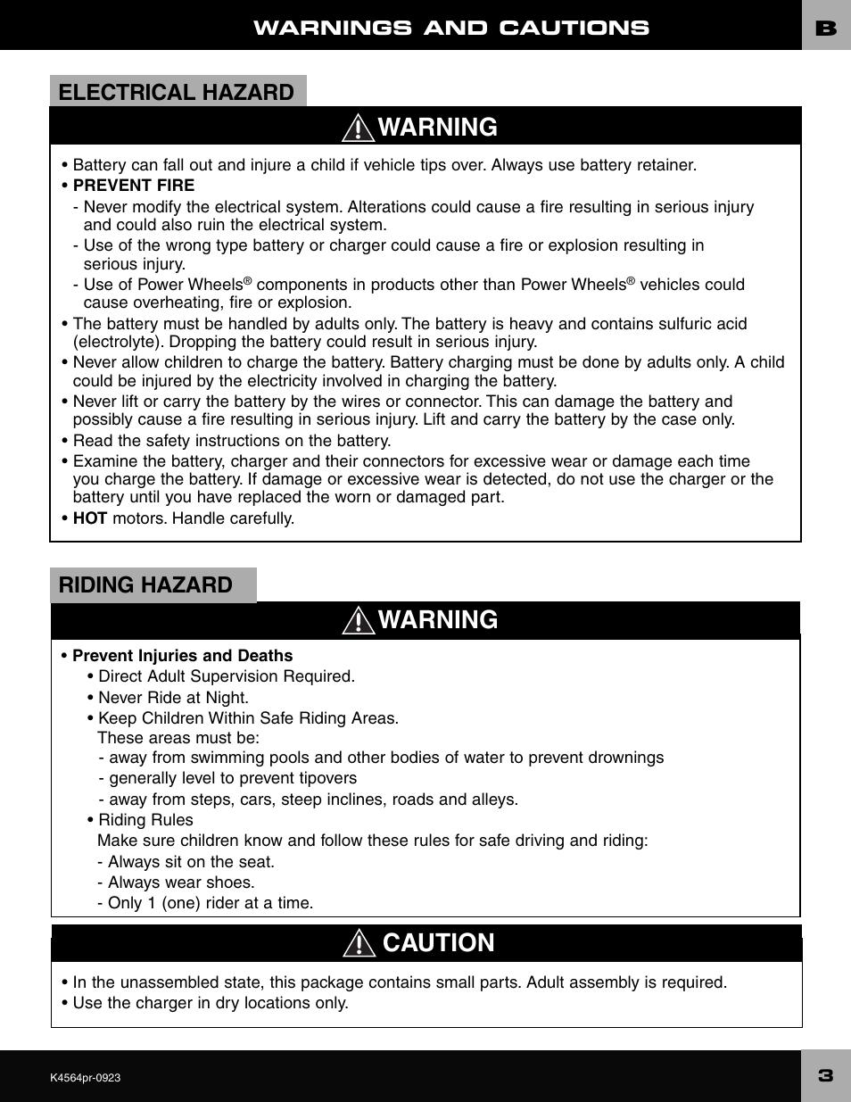 Warning caution, Warning, Electrical hazard | Riding hazard | Fisher-Price WRANGLER K4564 User Manual | Page 3 / 24