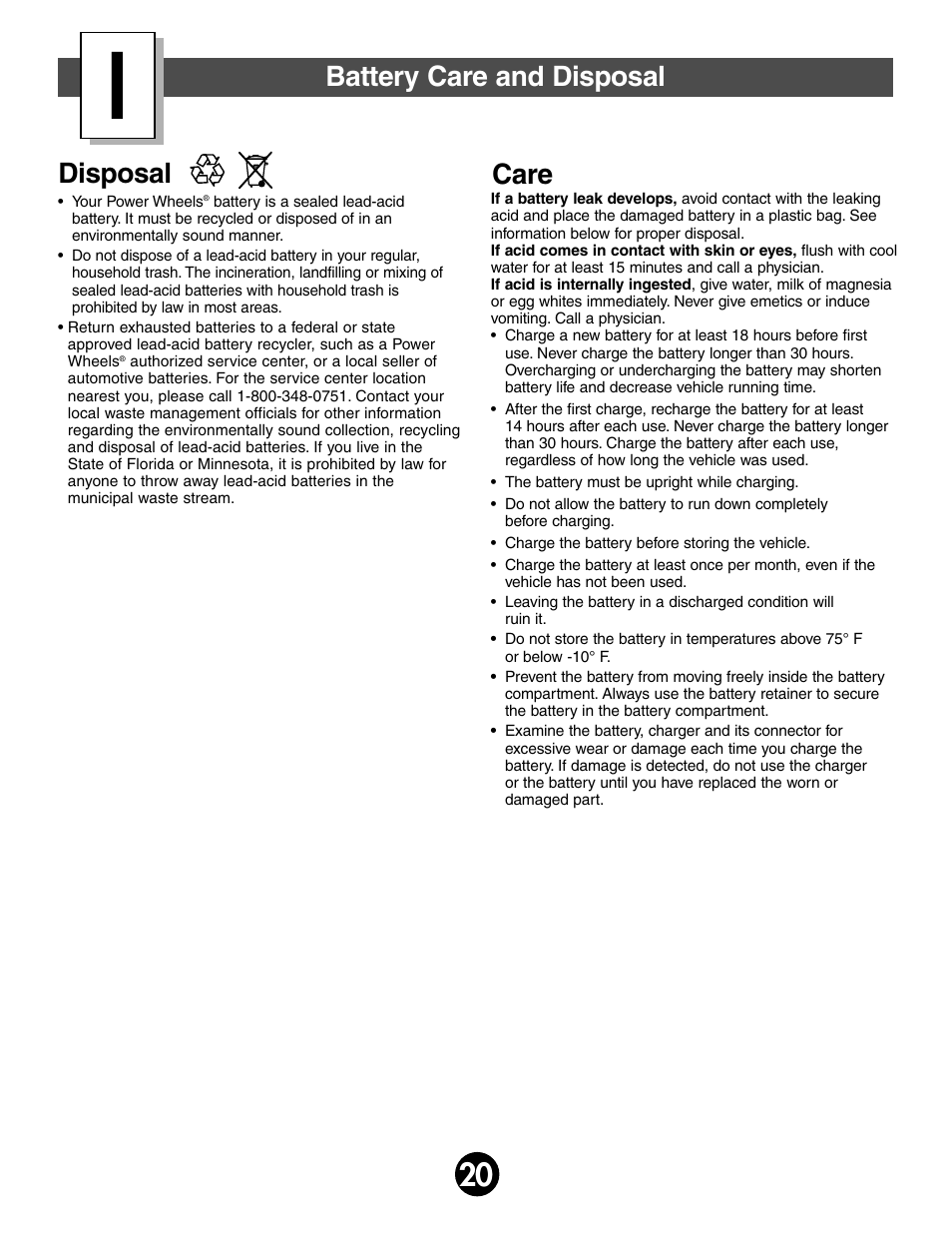 Care disposal, Battery care and disposal | Fisher-Price JEEP WRANGLER 74020 User Manual | Page 20 / 32