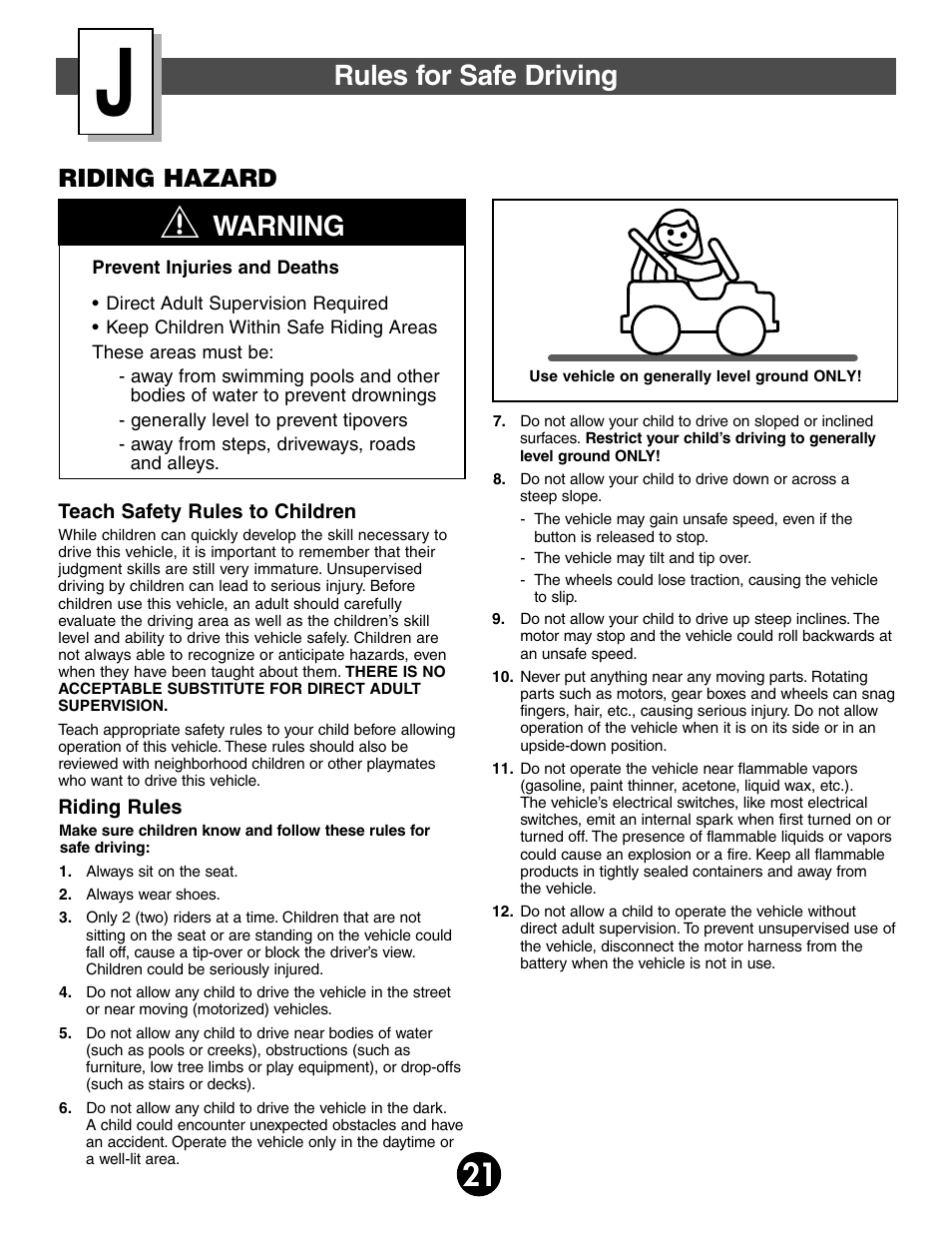Rules for safe driving, Warning, Riding hazard | Fisher-Price JEEP WRANGLER 74020 User Manual | Page 21 / 32
