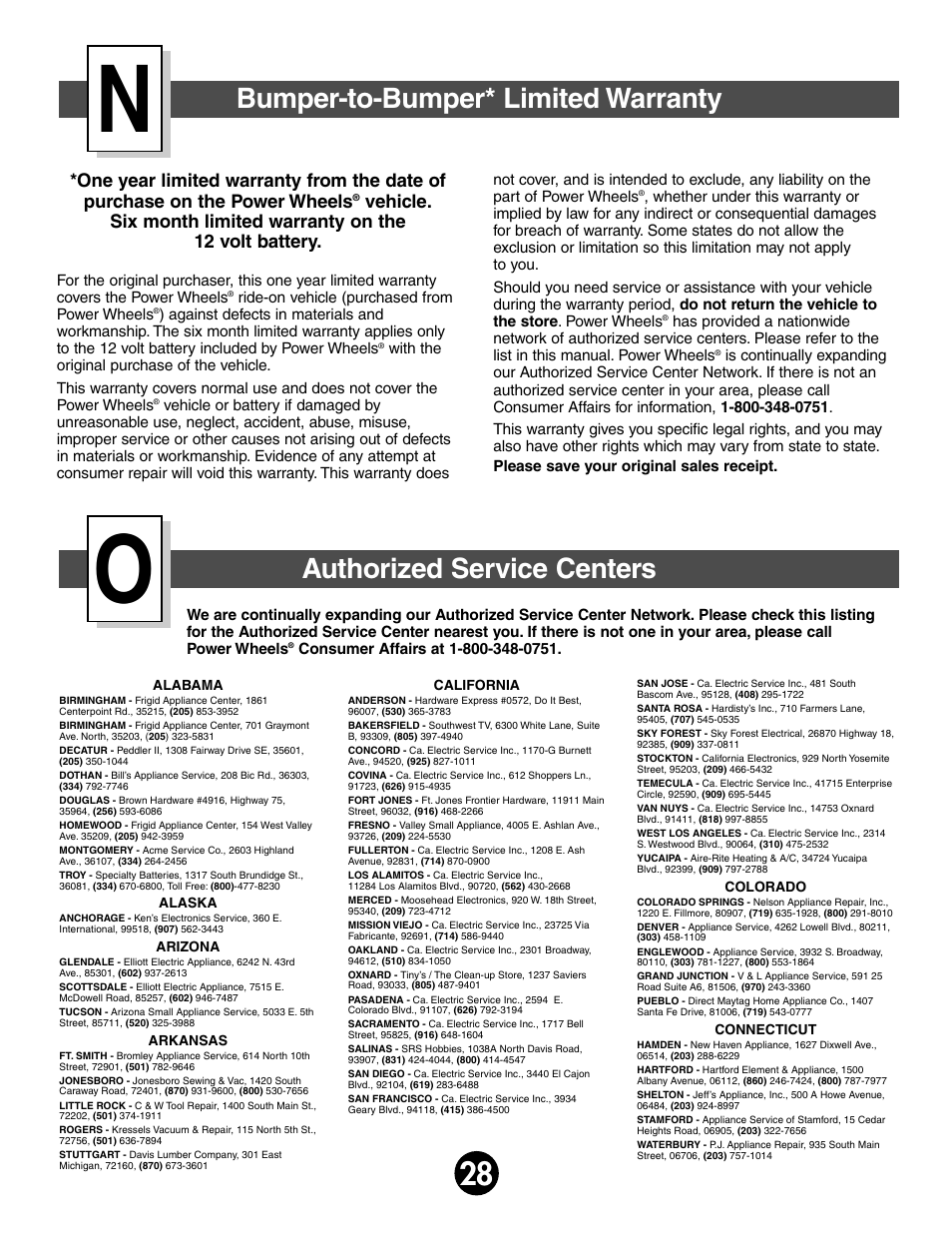 Bumper-to-bumper* limited warranty, Authorized service centers | Fisher-Price JEEP WRANGLER 74020 User Manual | Page 28 / 32