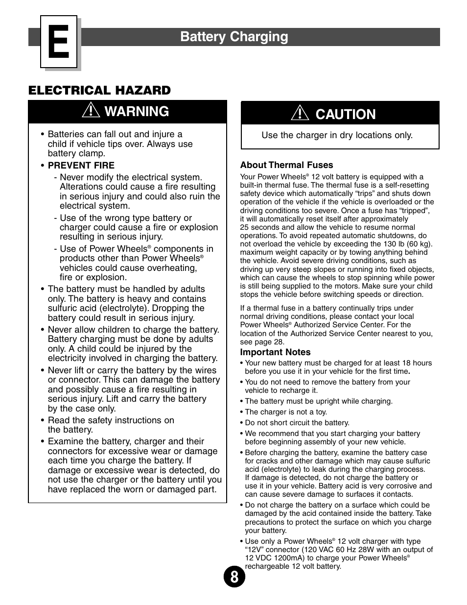 Battery charging, Caution, Warning | Electrical hazard | Fisher-Price JEEP WRANGLER 74020 User Manual | Page 8 / 32