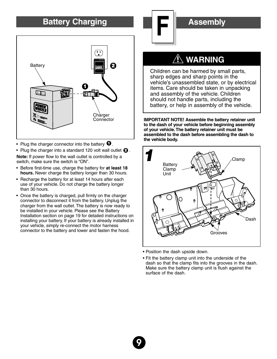 Warning assembly, Battery charging | Fisher-Price JEEP WRANGLER 74020 User Manual | Page 9 / 32