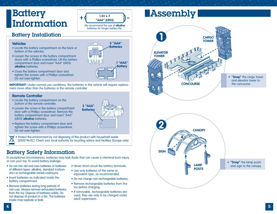 Battery information, Assembly, Battery installation | Battery safety information | Fisher-Price GEOTRAX M2809 User Manual | Page 3 / 9