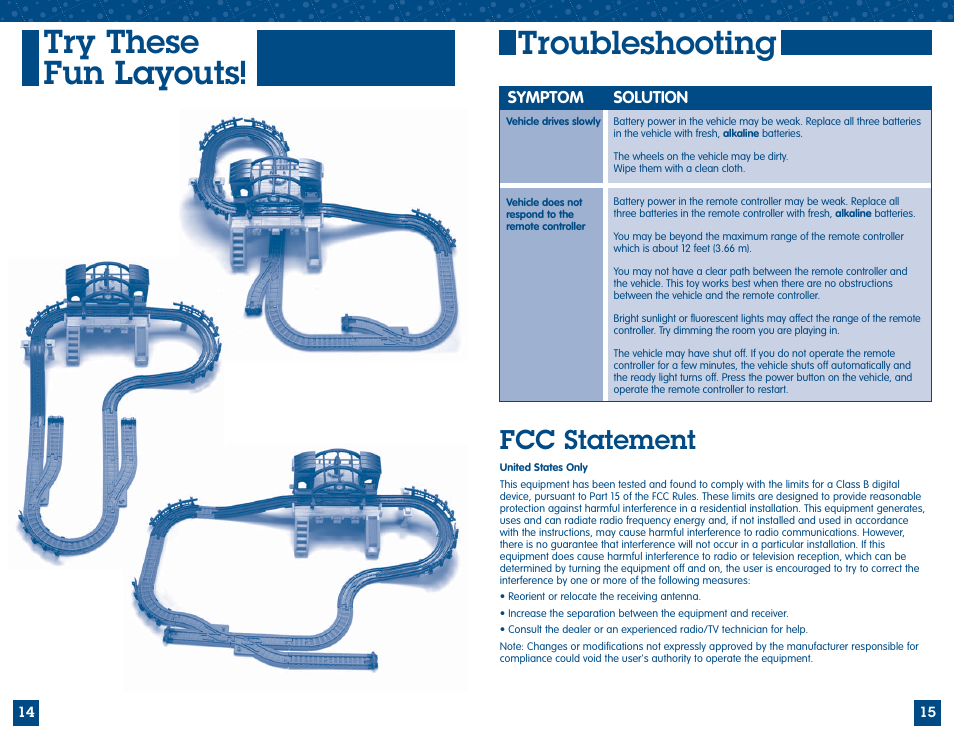 Try these fun layouts, Troubleshooting, Fcc statement | Fisher-Price GEOTRAX M2809 User Manual | Page 8 / 9