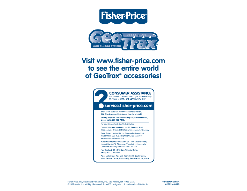 Accessories | Fisher-Price GEOTRAX M2809 User Manual | Page 9 / 9