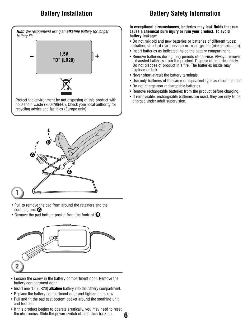 Battery installation, Battery safety information | Fisher-Price T4144 User Manual | Page 6 / 8