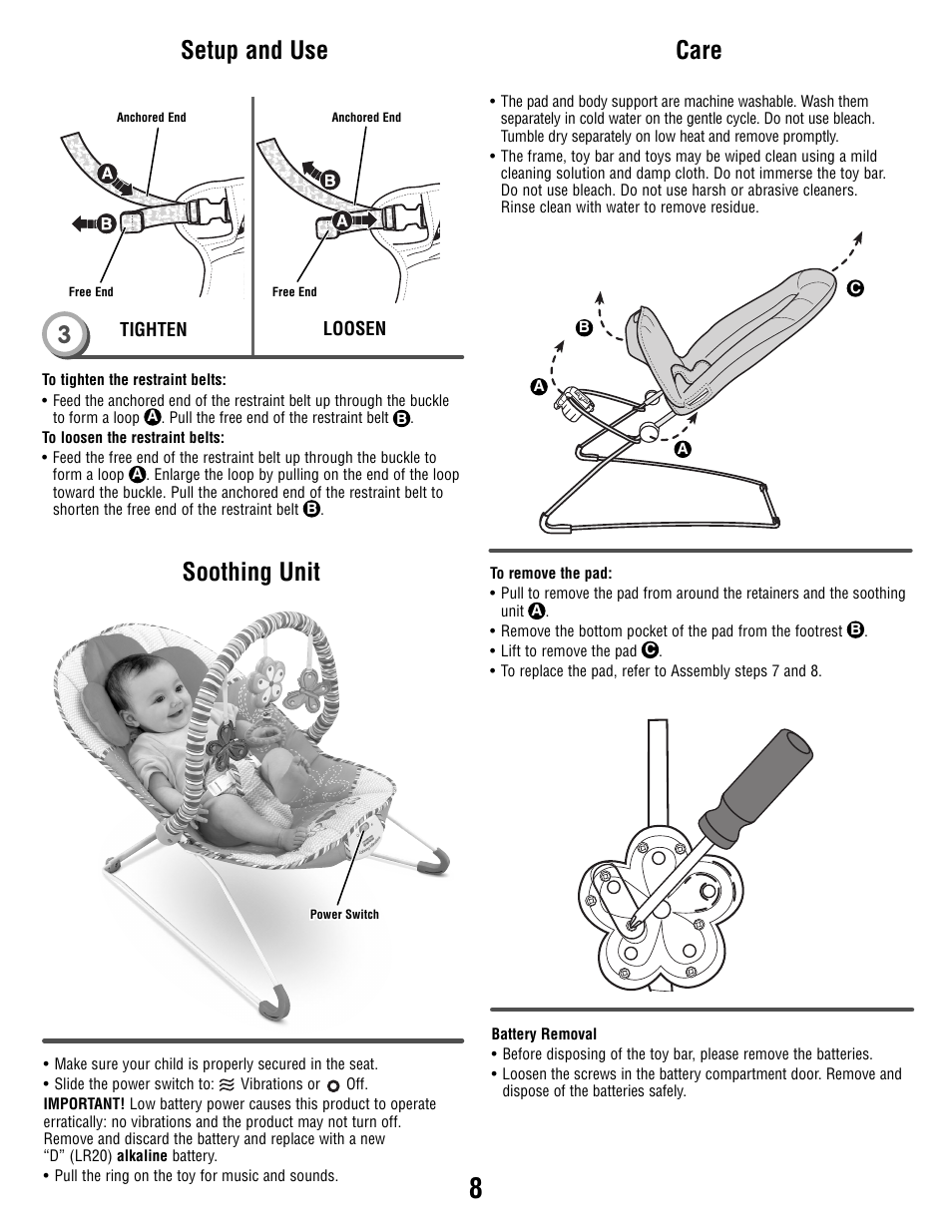 Setup and use, Soothing unit, Care | Fisher-Price T4144 User Manual | Page 8 / 8