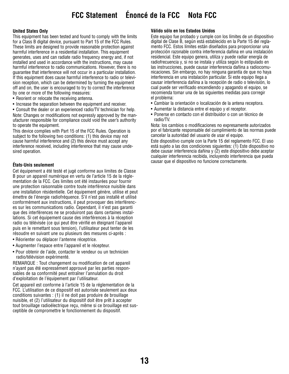 Fcc statement énoncé de la fcc nota fcc | Fisher-Price P3334 User Manual | Page 13 / 20