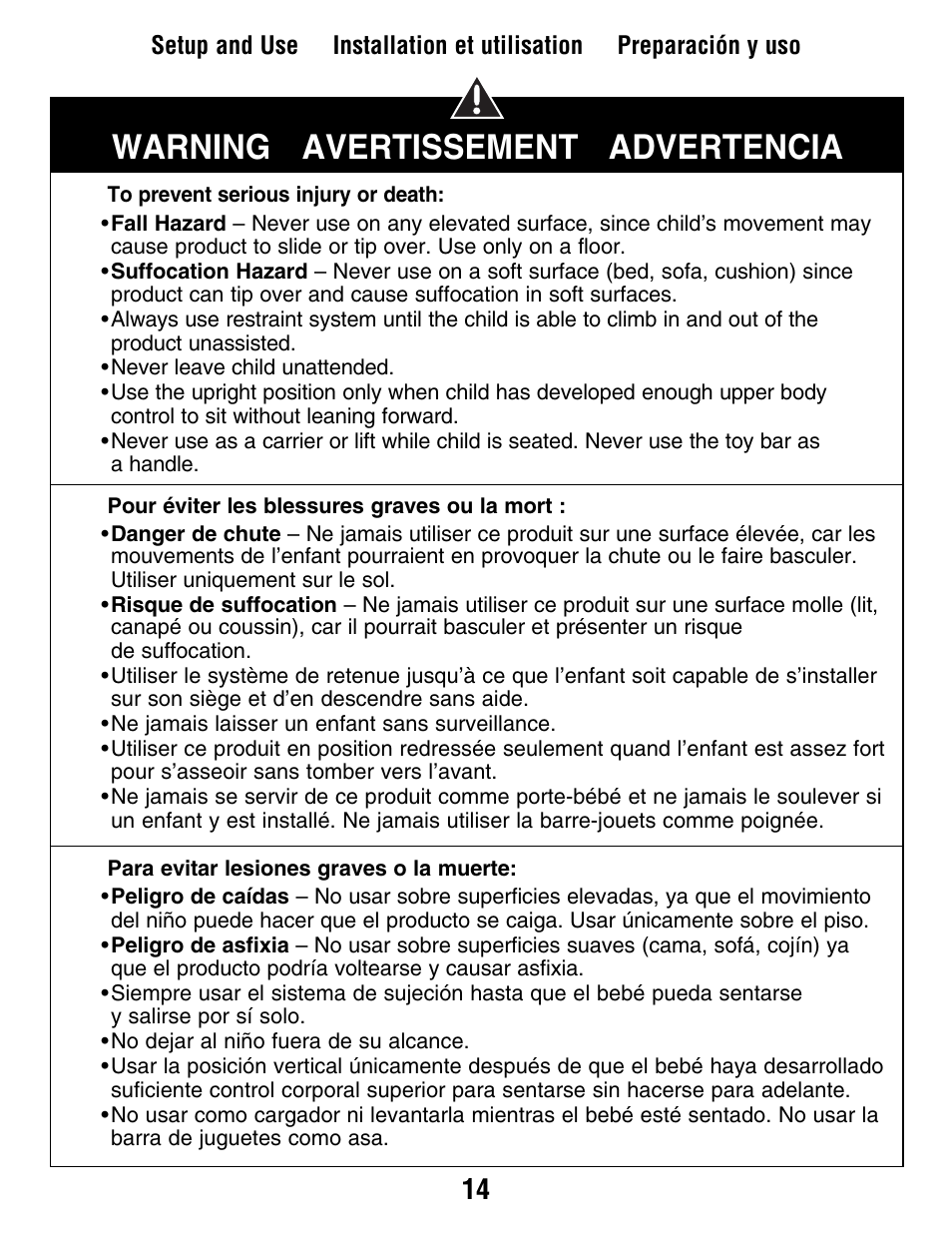 Warning avertissement advertencia | Fisher-Price P3334 User Manual | Page 14 / 20