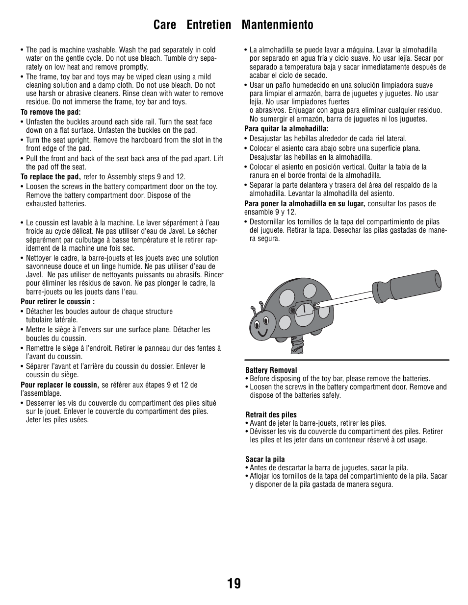 Care entretien mantenmiento | Fisher-Price P3334 User Manual | Page 19 / 20