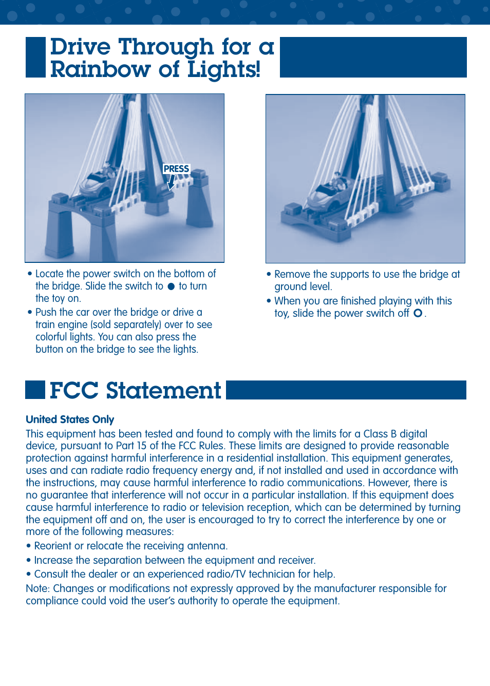 Fcc statement, Drive through for a rainbow of lights | Fisher-Price GEO TRAX L5895 User Manual | Page 5 / 6