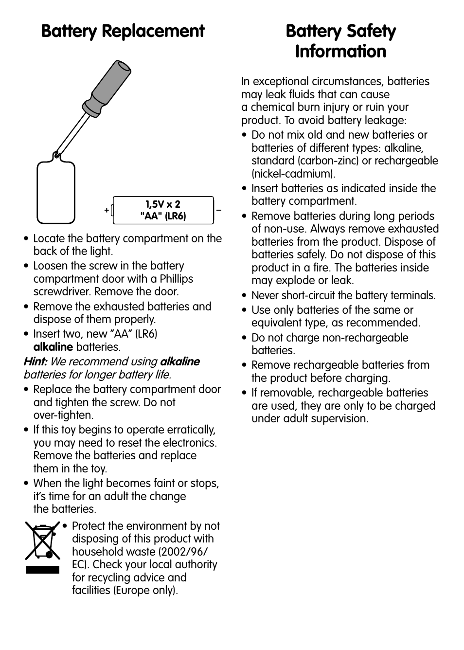 Battery replacement, Battery safety information | Fisher-Price W0269 User Manual | Page 2 / 4