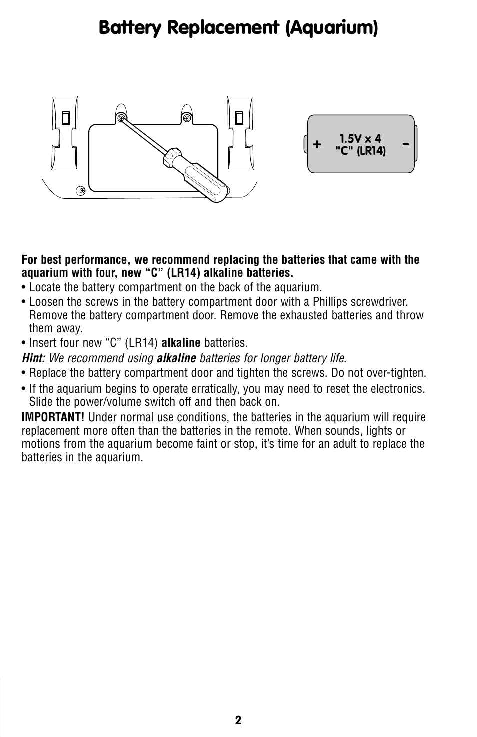 Battery replacement (aquarium) | Fisher-Price L6925 User Manual | Page 2 / 8