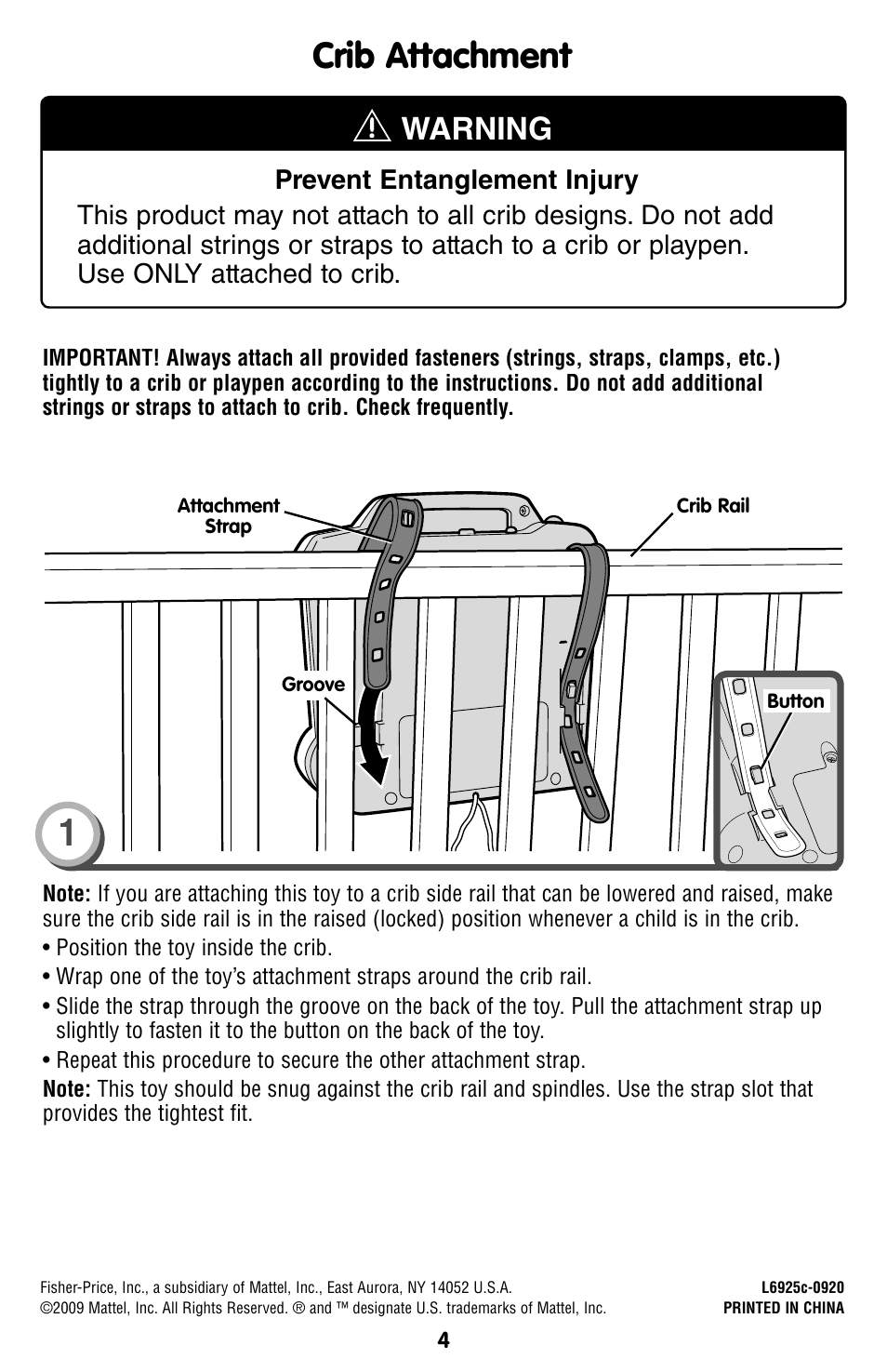 Crib attachment, Warning | Fisher-Price L6925 User Manual | Page 4 / 8
