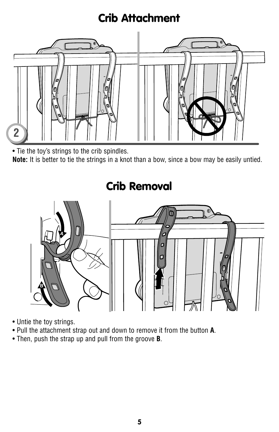 Crib attachment, Crib removal | Fisher-Price L6925 User Manual | Page 5 / 8