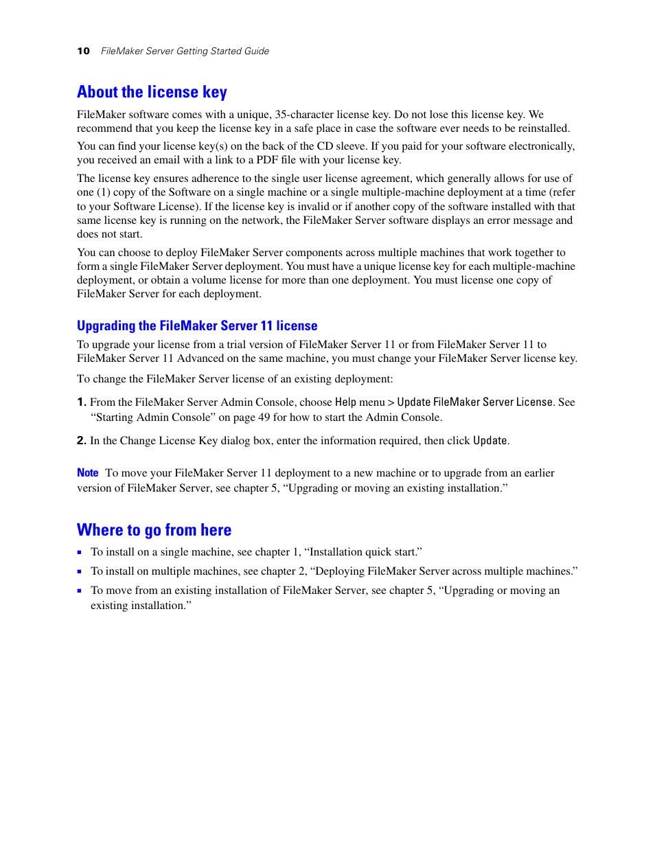 About the license key, Upgrading the filemaker server 11 license, Where to go from here | FileMaker G0600 User Manual | Page 10 / 72