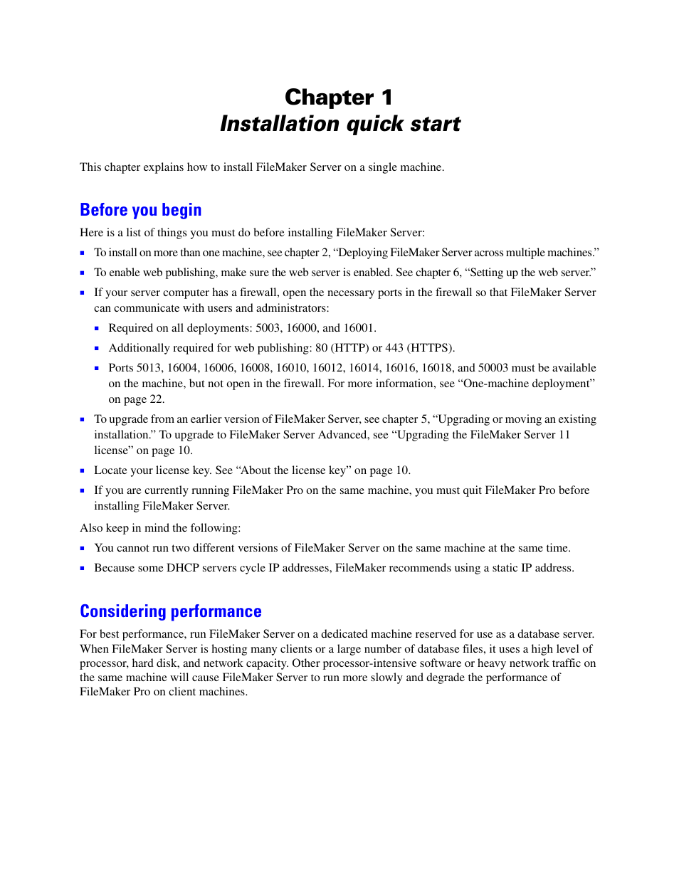 Chapter 1 installation quick start, Before you begin, Considering performance | Chapter 1, Chapter 1, “installation quick start | FileMaker G0600 User Manual | Page 11 / 72