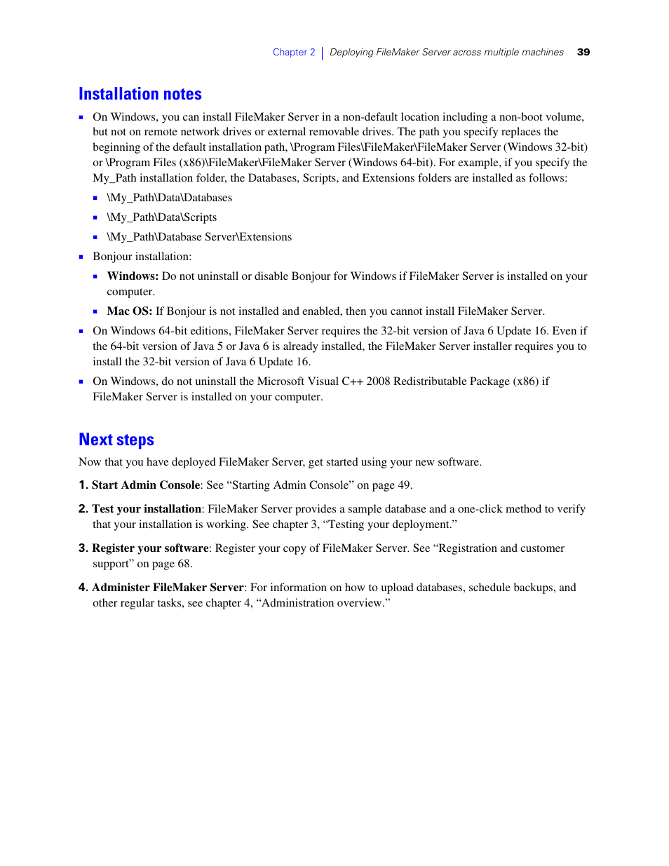 Installation notes, Next steps | FileMaker G0600 User Manual | Page 39 / 72