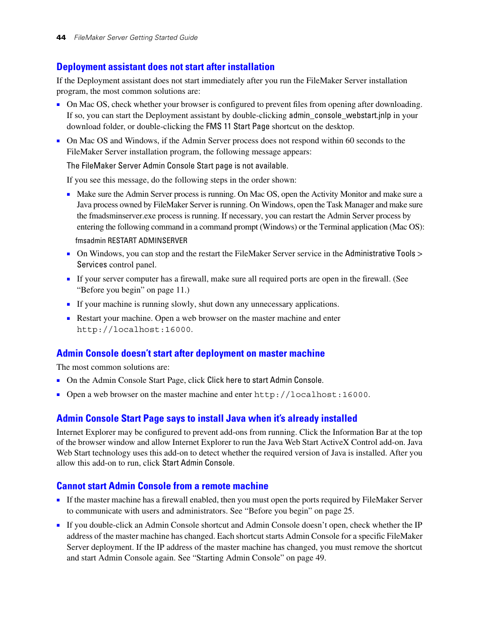 Cannot start admin console from a remote machine, Deployment assistant does not | FileMaker G0600 User Manual | Page 44 / 72