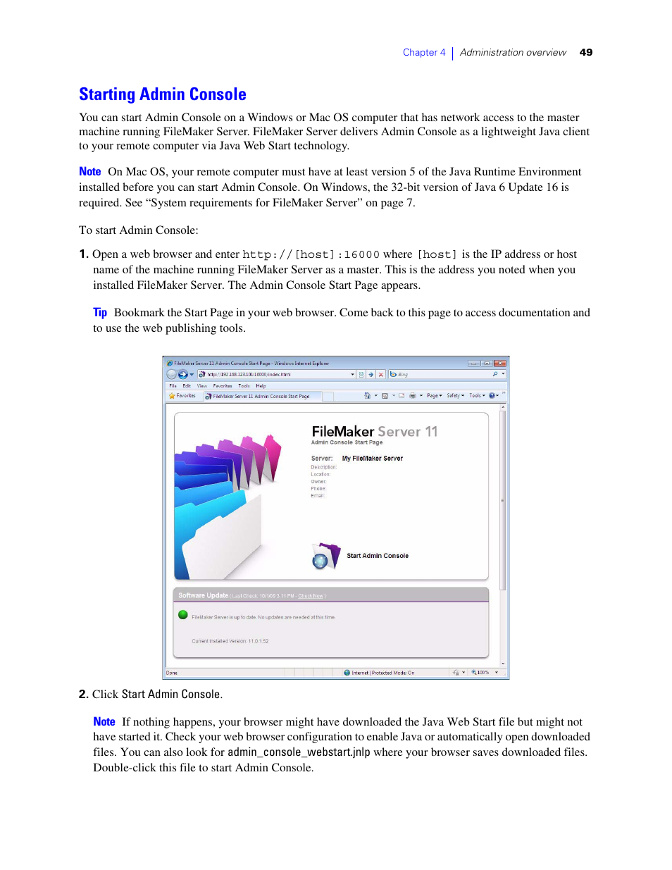 Starting admin console | FileMaker G0600 User Manual | Page 49 / 72